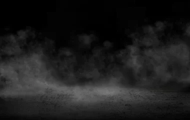 Deurstickers Concrete floor with smoke or fog in dark room with spotlight. asphalt street, black background © merrymuuu