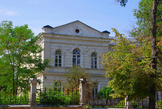Moldova. Kishinev. 07.29.22. View of the central street of the city and old buildings with unusual architecture.