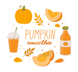 Pumpkin smoothie, squash, glass and bottle set isolated on white background. Vector illustration of healthy vegetable drink. Autumn seasonal product. Fresh juice for menu or banner for vegan cafe.