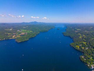 Lake Memphremagog aerial view in summer in Memphremangog Regional County Municipality RCM in Province of Quebec QC, Canada. 