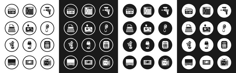 Set Ray gun, Joystick, Retro typewriter, Radio with antenna, Ear earring, Telephone handset, Cassette tape player and Camera roll cartridge icon. Vector
