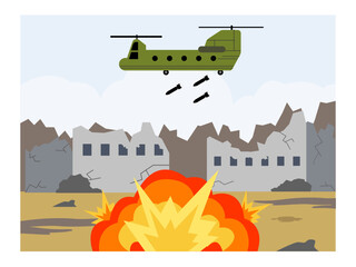 Military planes that launch missiles from above the city. Missile attack from the air. Building destruction due to missile weapons. War vector illustration.	
