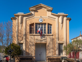 Art deco facade of the city hall of a Southern France village