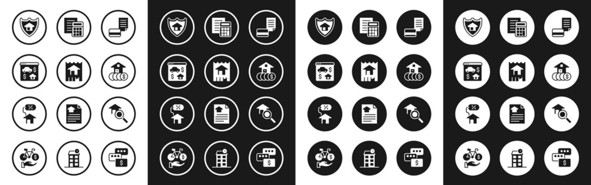 Set Credit card, House, Online real estate, with shield, dollar, Calculator, Search house and percant icon. Vector
