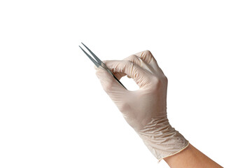 Female hand wearing a medical glove holds metal tweezers isolated transparent png