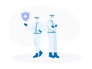Medical personnel who are urgently needed when the Covid-19 pandemic occurs. Nurses use hazmat suits and face shields to avoid transmission. Covid-19 vector illustration.	