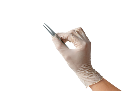 Female hand wearing a medical glove holds metal tweezers isolated transparent png - Powered by Adobe