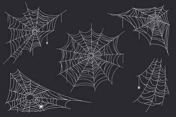 Spiderweb closeup on black background, halloween spider web spooky trap cartoon webs insect thread on corner old net cobweb, ingenious vector illustration of cobweb and spiderweb. Abandoned cobwebs.