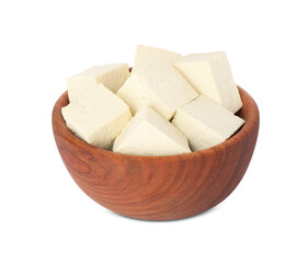 Wooden bowl with delicious tofu isolated on white