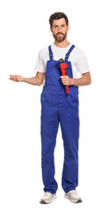 Professional plumber with pipe wrench on white background