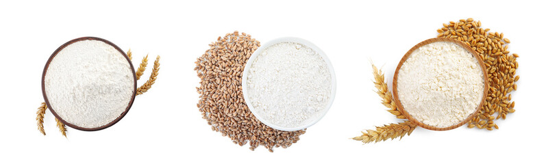 Set with wheat flour on white background, top view. Banner design