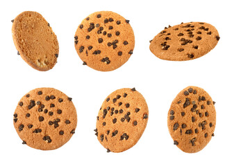 Set with delicious chocolate chip cookies on white background