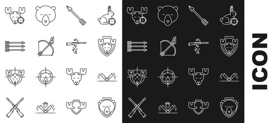 Set line Bear head on shield, Trap hunting, Moose, Hipster arrow, Bow and fire, arrows, Hunt moose with crosshairs and Gun shooting icon. Vector