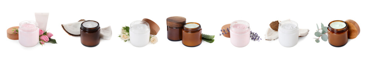 Set of different containers with hand creams on white background. Banner design