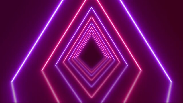 3d abstract background with animation of flying through in futuristic endless tunnel with colorful shiny triangle neon lights. Seamless VJ Loop. 4k.