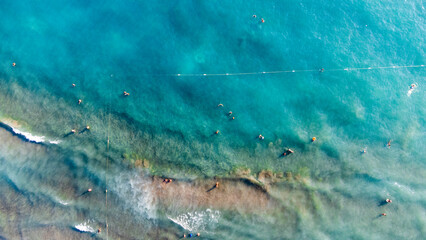 Aerial view of a crowded beach, umbrellas and people on the sand stock photo - Antalya, Kaş