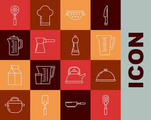 Set line Spatula, Covered with tray of food, Measuring cup, Kitchen colander, Coffee turk, Teapot, and Pepper icon. Vector