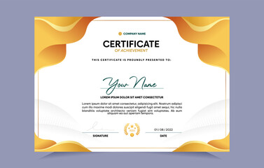 Gold certificate of achievement template set with gold badge and border. For award, business, and education needs. Vector Illustration