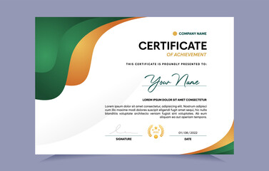 Green and gold certificate of achievement template set with gold badge. For award, business, and education needs. Vector Illustration