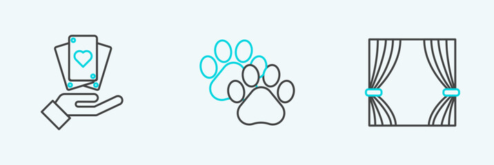 Set line Curtain, Hand holding playing cards and Paw print icon. Vector