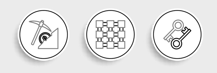 Fototapeta premium Set line Cryptocurrency key, cloud mining and Blockchain technology icon. Vector