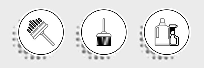 Set line Plastic bottles for liquid dishwashing liquid, Squeegee, scraper, wiper and Handle broom icon. Vector