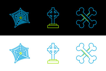Set line Crossed bones, Spider web and Tombstone with cross icon. Vector