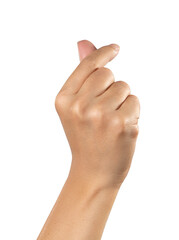 A hand signs gesture to be little heart from tip of thumb and index finger on white background.