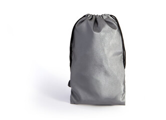 Silver color drawstring pouch mockup isolated on white background.