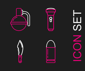 Set line Bullet, Military knife, Flashlight and Hand grenade icon. Vector