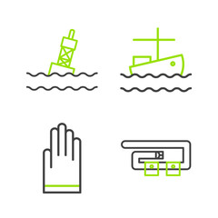 Set line Diving belt, Gloves, Fishing boat on water and Floating buoy the sea icon. Vector