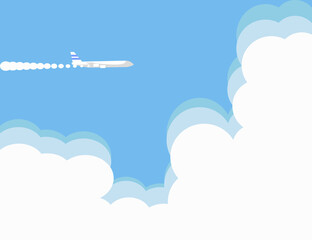 Flugzeug fliegt in den Wolken und zeiht Kondensstreifen hinter sich her.