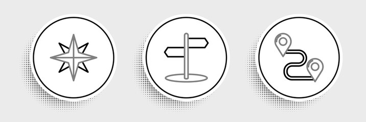 Set line Route location, Wind rose and Road traffic sign icon. Vector