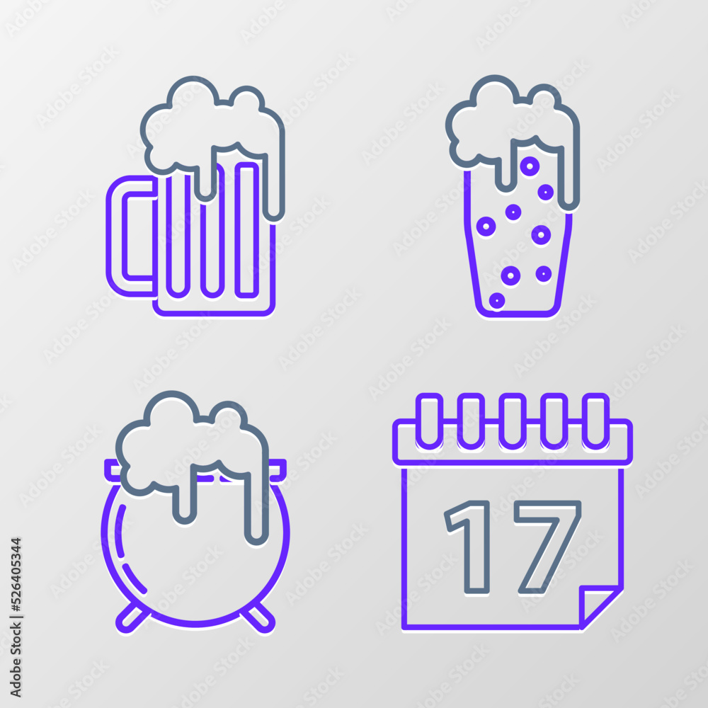 Sticker Set line Saint Patrick's day with calendar, Witch cauldron, Glass of beer and Wooden mug icon. Vector