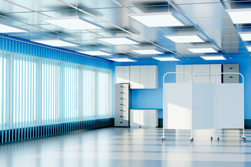 Medical premises. Large room with medical equipment. Premises in hospital or clinic. Medical interior. White partitions on wheels in middle of premises. Modern hospital imaging cabinet. 3d rendering.