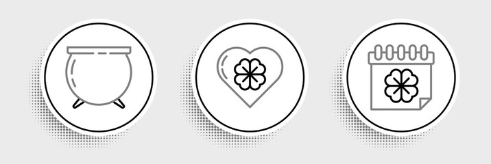 Set line Saint Patricks day with calendar, Witch cauldron and Heart four leaf clover icon. Vector