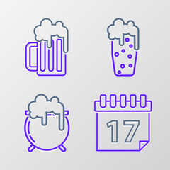 Set line Saint Patrick's day with calendar, Witch cauldron, Glass of beer and Wooden mug icon. Vector
