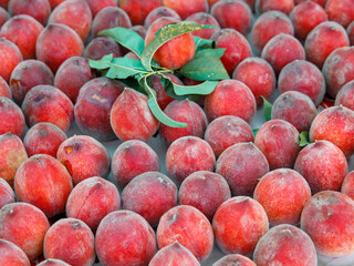 Many sweet fresh organic peach fruits full frame background. Local farmer market. Top view close up