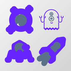 Set line Rocket ship with fire, Mars rover, Alien and Earth globe icon. Vector