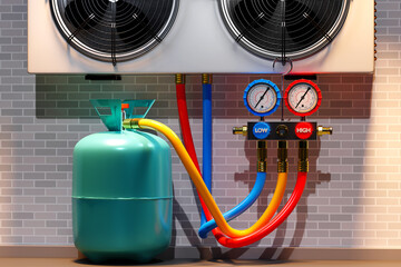 Air conditioner service. Freon gas cylinder. Conditioner filling equipment. Process of filling HVAC...