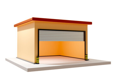 Self storage. Single standing buildings. Small building for self storage. Empty warehouse storage. Small warehouse with open gates. Architectural model isolated on white. 3d rendering.