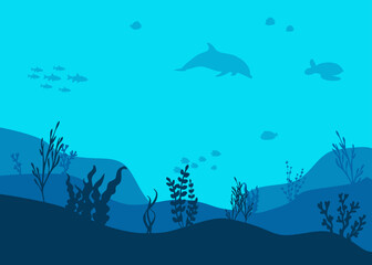 Unterwasser Delfin, Schildkröte mehrere fische und Unterwasser Pflanzen.
