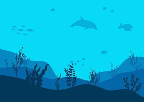 Unterwasser Delfin, Schildkr&ouml;te mehrere fische und Unterwasser Pflanzen.