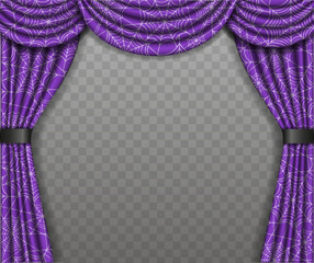Halloween curtain with spiderweb lace. Violet curtain with spiderweb for halloween backgrounds