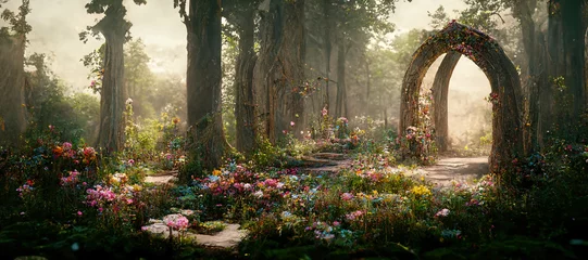 Peel and stick wall murals Fairy forest Spectacular archway covered with vine in the middle of fantasy fairy tale forest landscape, misty on spring time. Digital art 3D illustration.