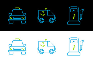 Set line Electric car charging station, Taxi and Ambulance and emergency icon. Vector