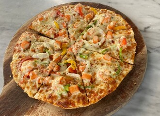 pizza on a wooden table