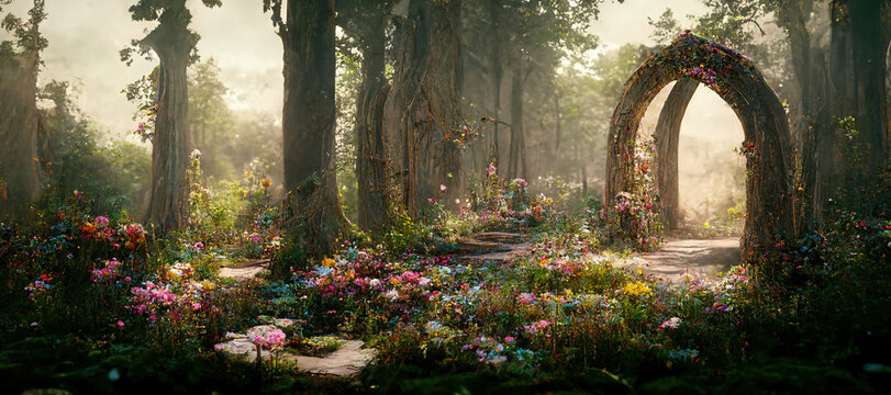 Spectacular archway covered with vine in the middle of fantasy fairy tale forest landscape, misty on spring time. Digital art 3D illustration.