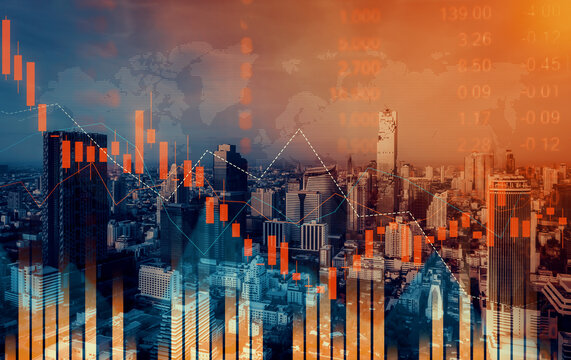 Economic crisis concept shown by declining graphs and digital indicators overlap modernistic city background. Double exposure.