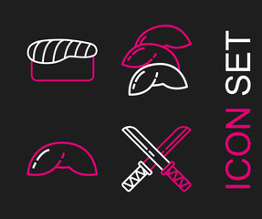 Set line Traditional Japanese katana, Chinese fortune cookie, and Sushi icon. Vector